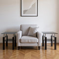 Set of Two Black Glass and Steel Square End Tables With Shelf