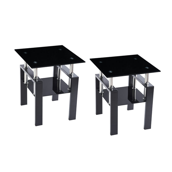 Set of Two Black Glass and Steel Square End Tables With Shelf
