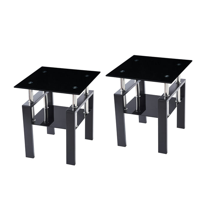 Set of Two Black Glass and Steel Square End Tables With Shelf