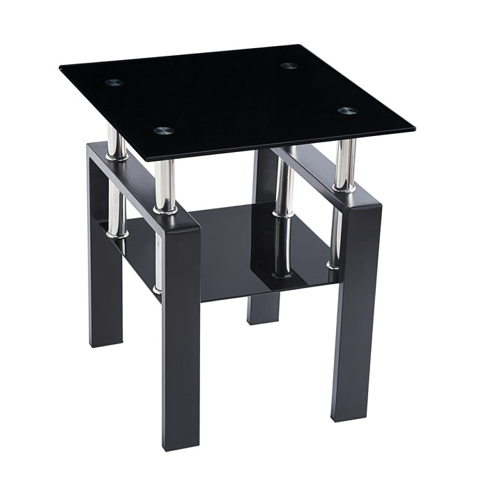 Set of Two Black Glass and Steel Square End Tables With Shelf