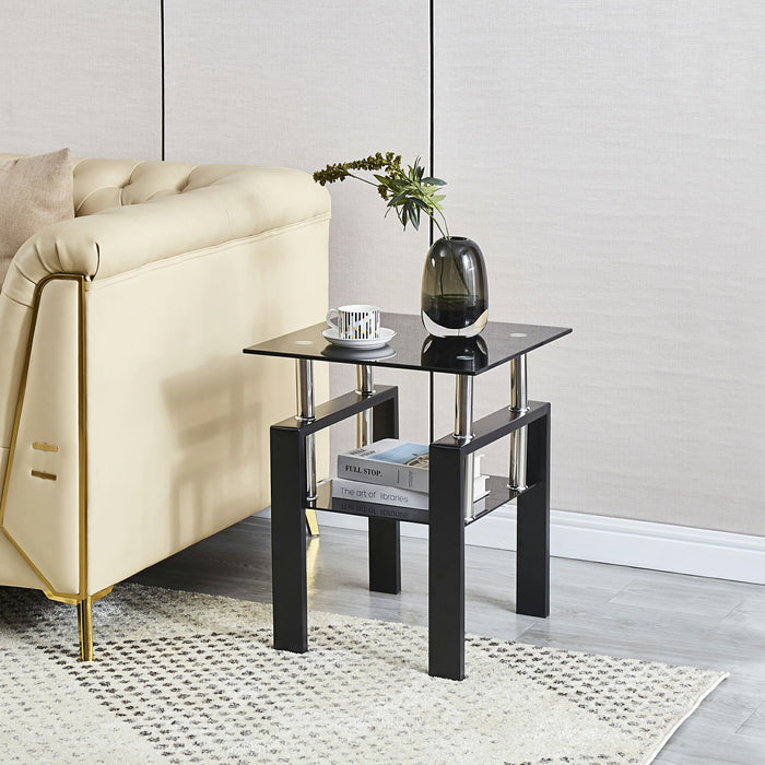 Set of Two Black Glass and Steel Square End Tables With Shelf