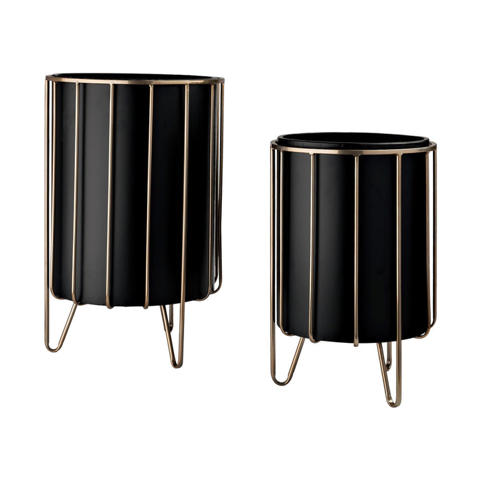 Set of Two Black Metal 20 Ounce Round Pot Planters