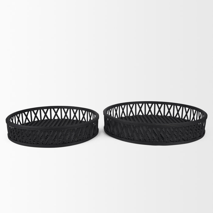 Set of Two Black Round Wicker Handmade Serving Trays