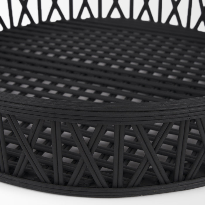 Set of Two Black Round Wicker Handmade Serving Trays