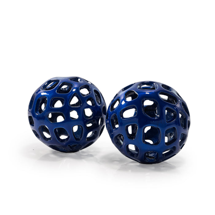 Set of Two Blue Aluminum Hand Painted Decorative Orbs
