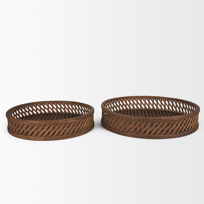 Set of Two Brown Round Wicker Handmade Serving Tray
