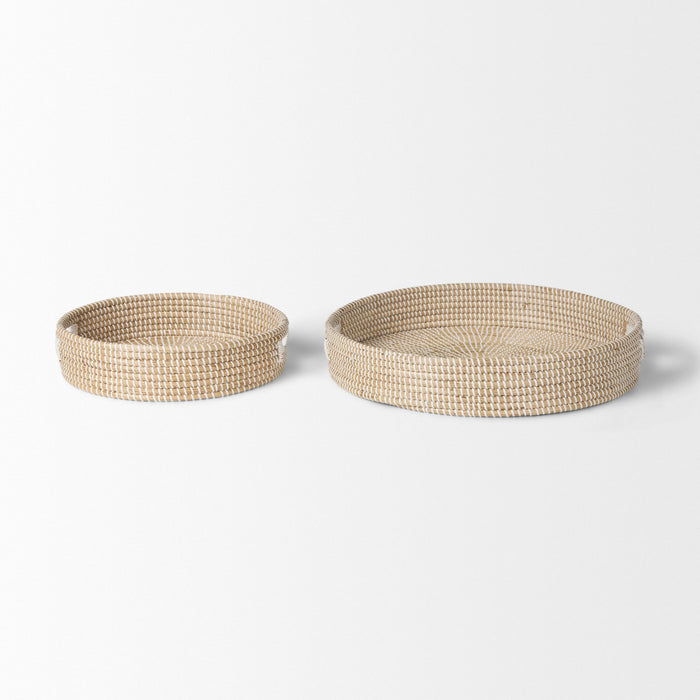 Set of Two Brown Round Wood Handmade Serving Tray With Handles