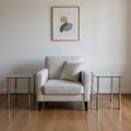 Set of Two Clear and Silver Glass and Metal Square End Tables With Shelf