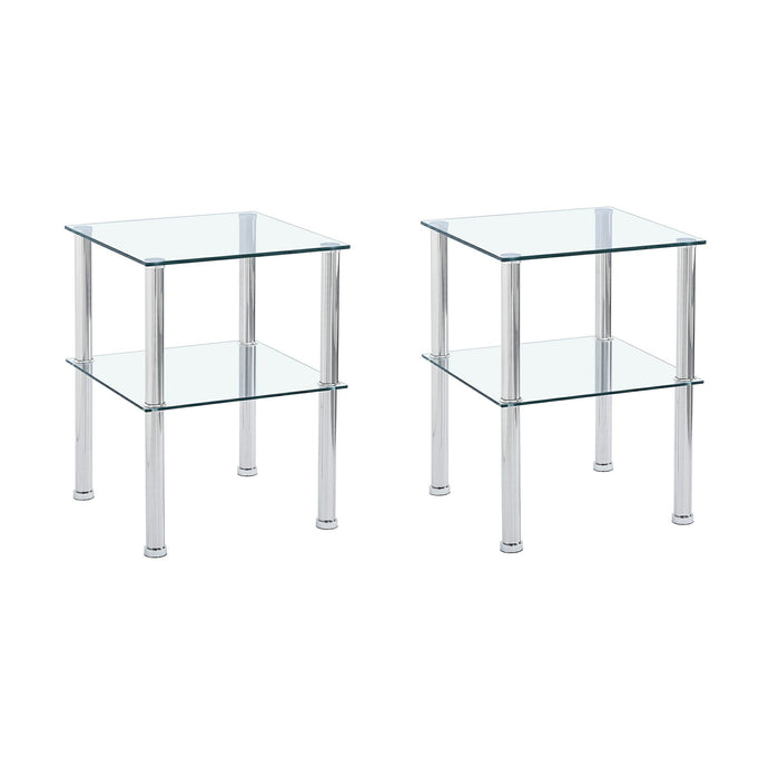 Set of Two Clear and Silver Glass and Metal Square End Tables With Shelf