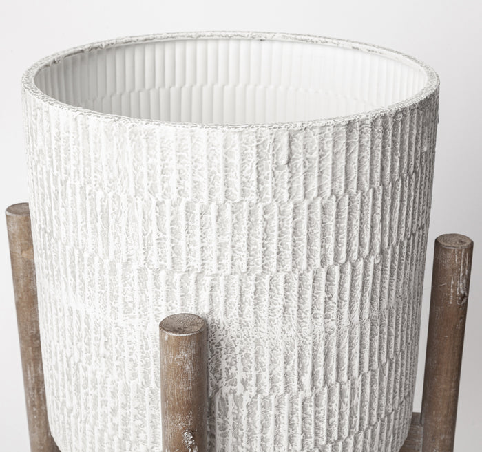 Set of Two Cream And Brown Ceramic And Wood Round Elevated Planters
