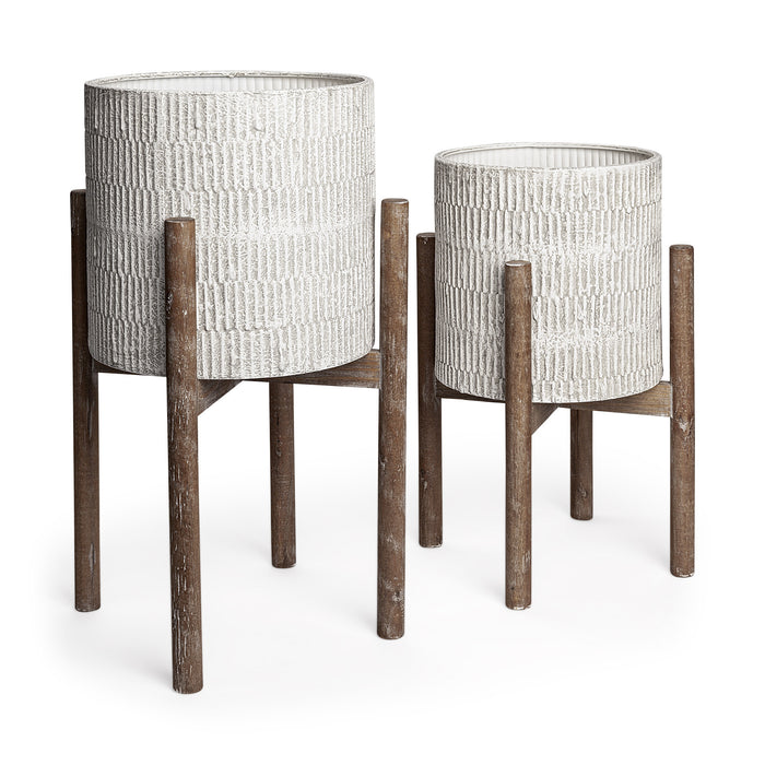Set of Two Cream And Brown Ceramic And Wood Round Elevated Planters