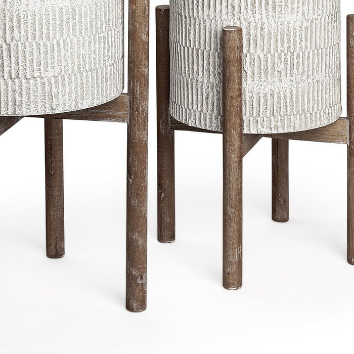 Set of Two Cream And Brown Ceramic And Wood Round Elevated Planters