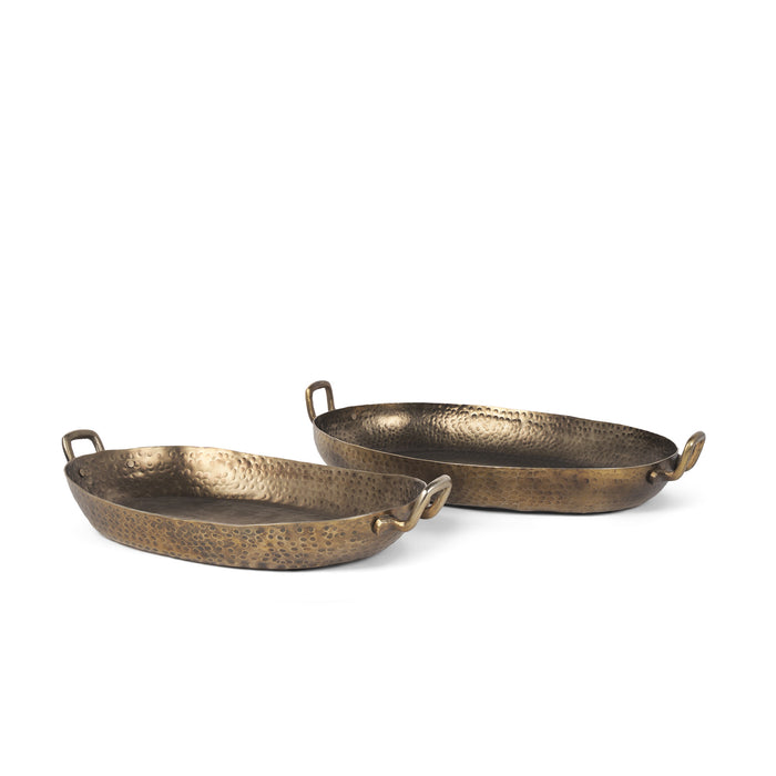 Set of Two Gold Oval Metal Handmade Serving Tray With Handles