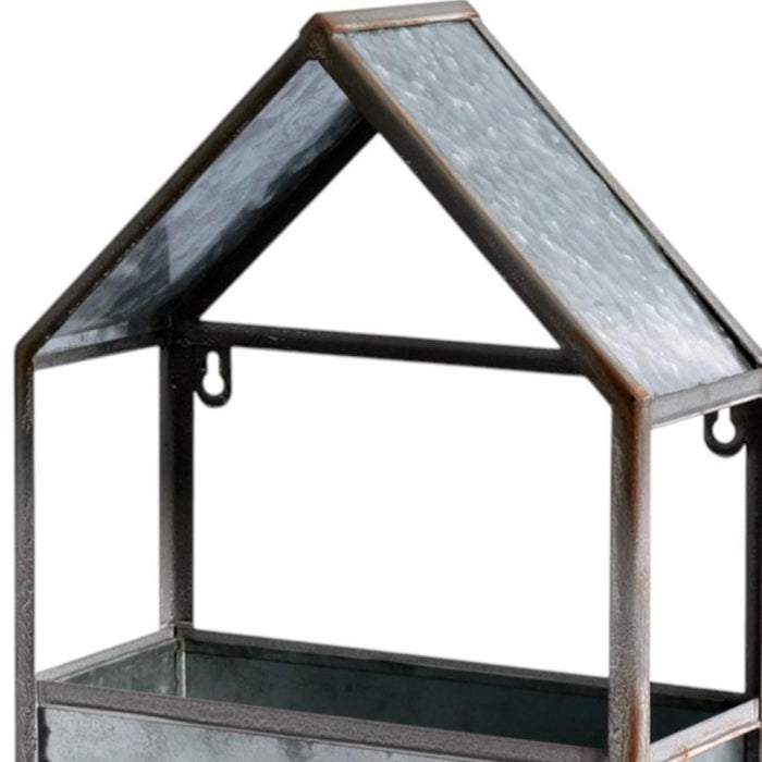 Set of Two Gray Galvanized Metal Novelty House Shaped Hanging Planters