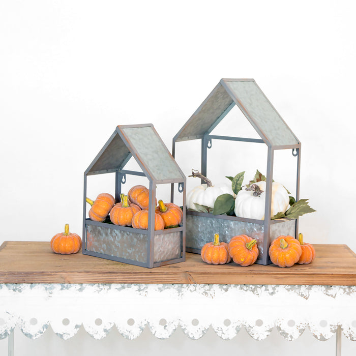 Set of Two Gray Galvanized Metal Novelty House Shaped Hanging Planters