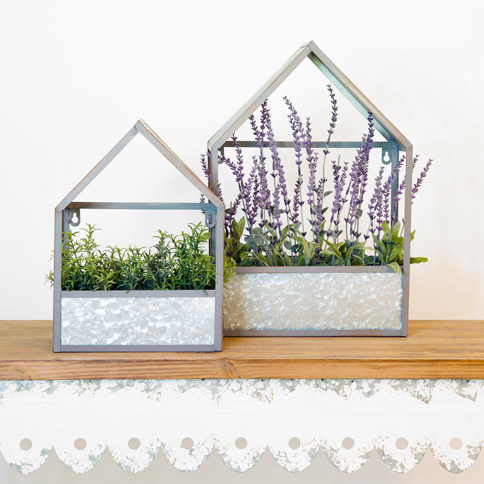 Set of Two Gray Galvanized Metal Novelty House Shaped Hanging Planters