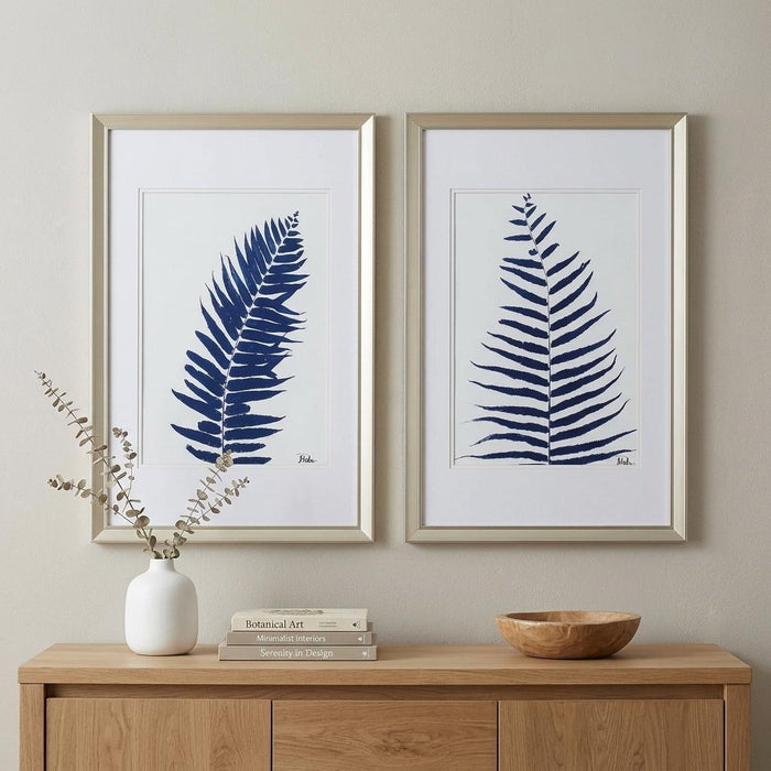 Set of Two Indigo Leaves Champagne Gold Framed Art