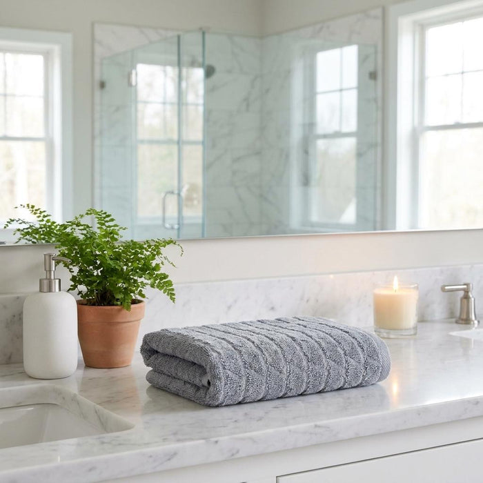 Set of Two Light Gray Geometric Turkish Cotton 16" X 30" Hand Towels