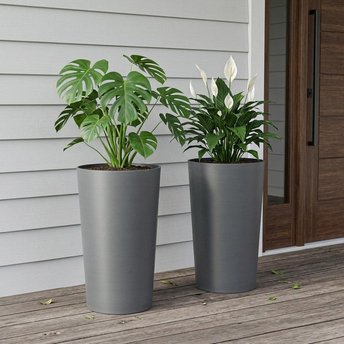 Set of Two Light Gray Heavy Duty Plastic Cylindrical Planter Pots