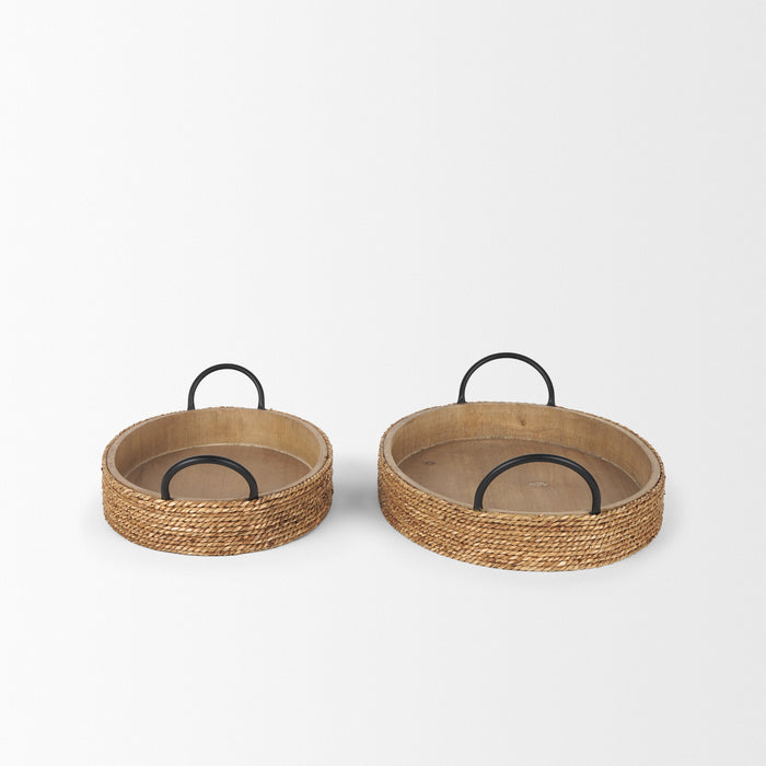 Set of Two Natural and Black Jute Metal And Solid Wood Oval Serving Trays With Handles