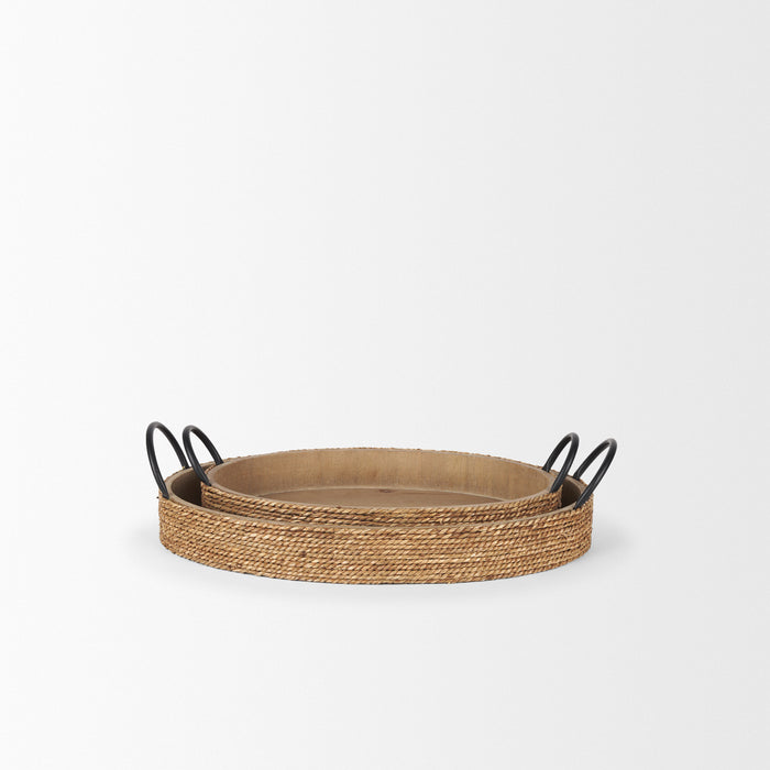 Set of Two Natural and Black Jute Metal And Solid Wood Oval Serving Trays With Handles