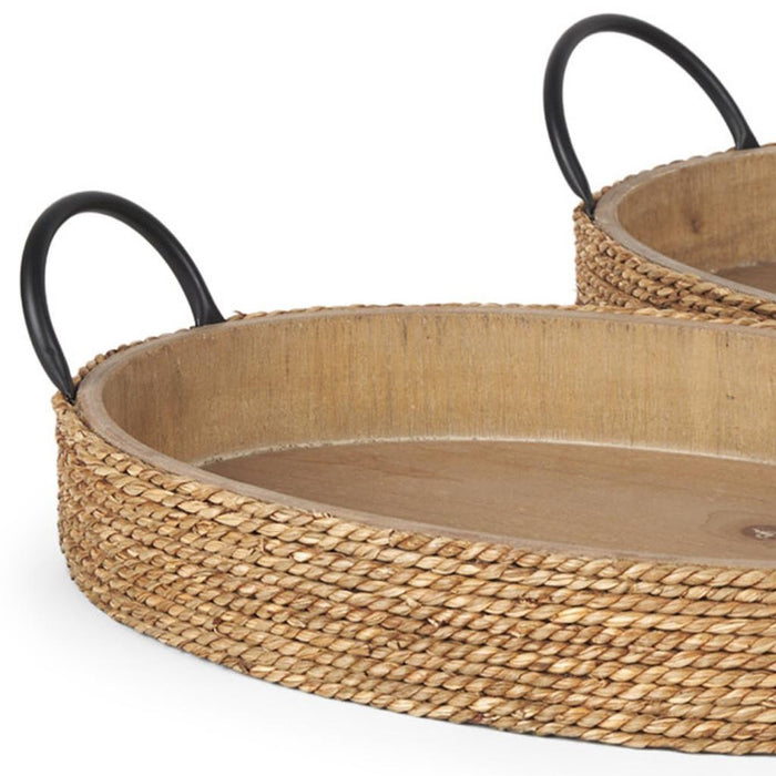 Set of Two Natural and Black Jute Metal And Solid Wood Oval Serving Trays With Handles