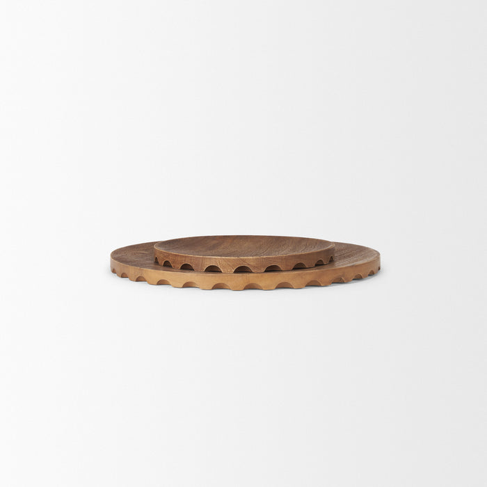 Set of Two Natural Light Brown Round Wood Handmade Serving Trays