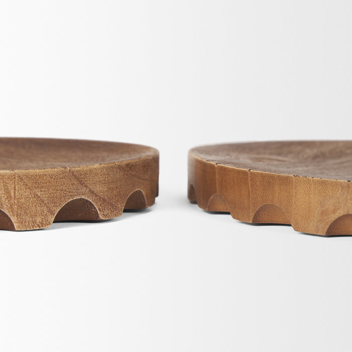 Set of Two Natural Light Brown Round Wood Handmade Serving Trays