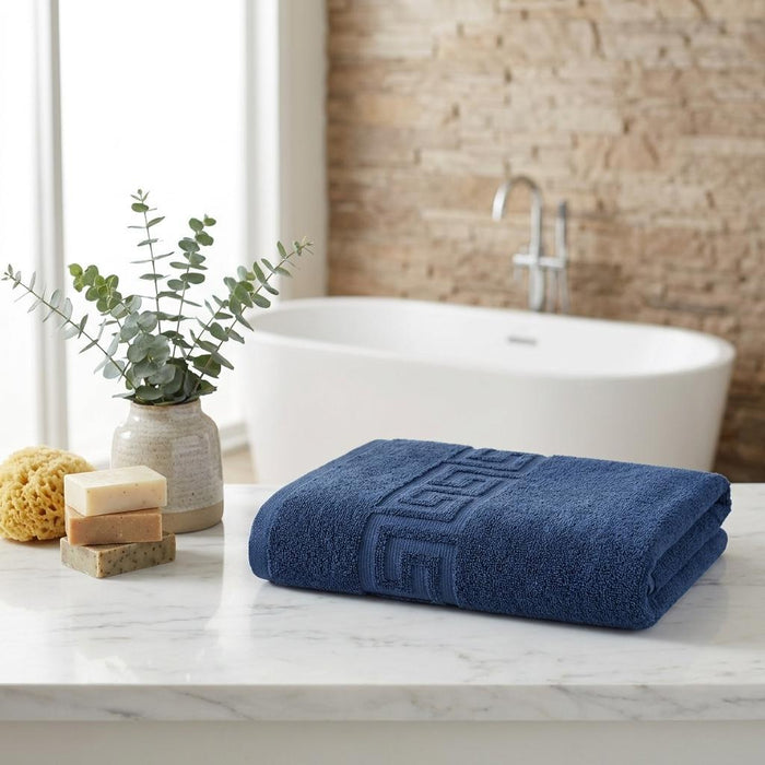Set of Two Navy Blue Greek Key Turkish Cotton 16" X 30" Hand Towels