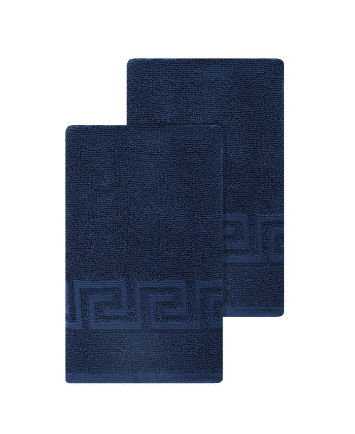 Set of Two Navy Blue Greek Key Turkish Cotton 16" X 30" Hand Towels