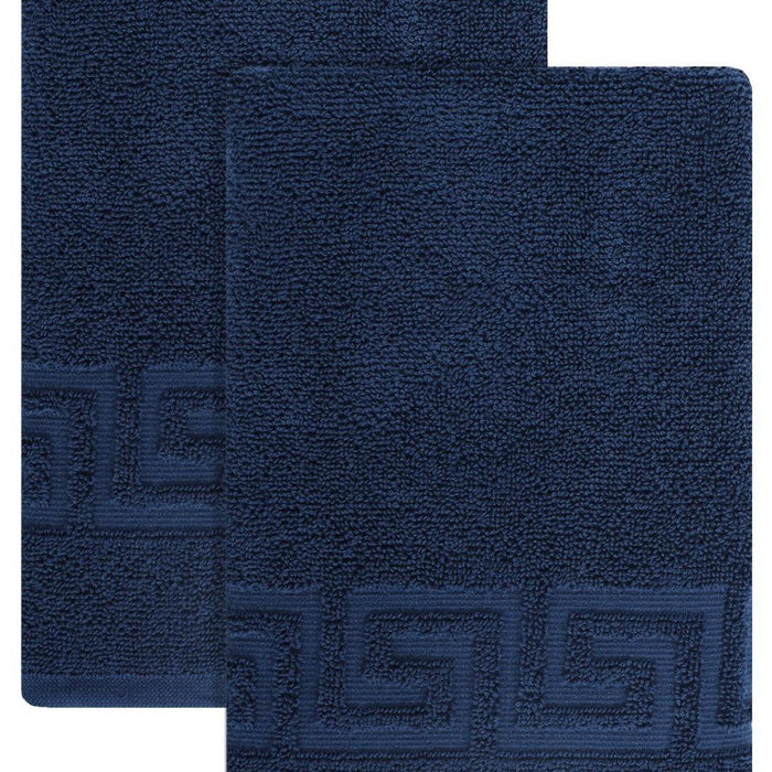 Set of Two Navy Blue Greek Key Turkish Cotton 16" X 30" Hand Towels