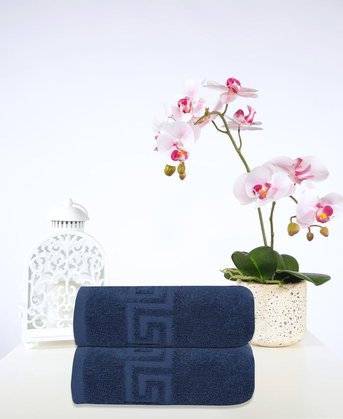Set of Two Navy Blue Greek Key Turkish Cotton 16" X 30" Hand Towels