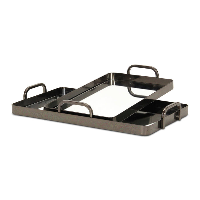 Set of Two Pewter Aluminum And Mirrored Glass Handmade Serving Trays