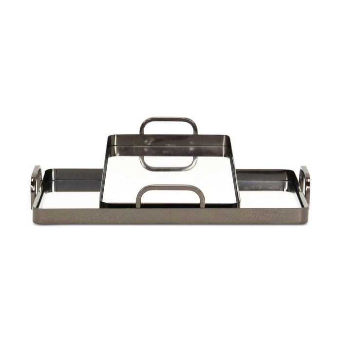 Set of Two Pewter Aluminum And Mirrored Glass Handmade Serving Trays