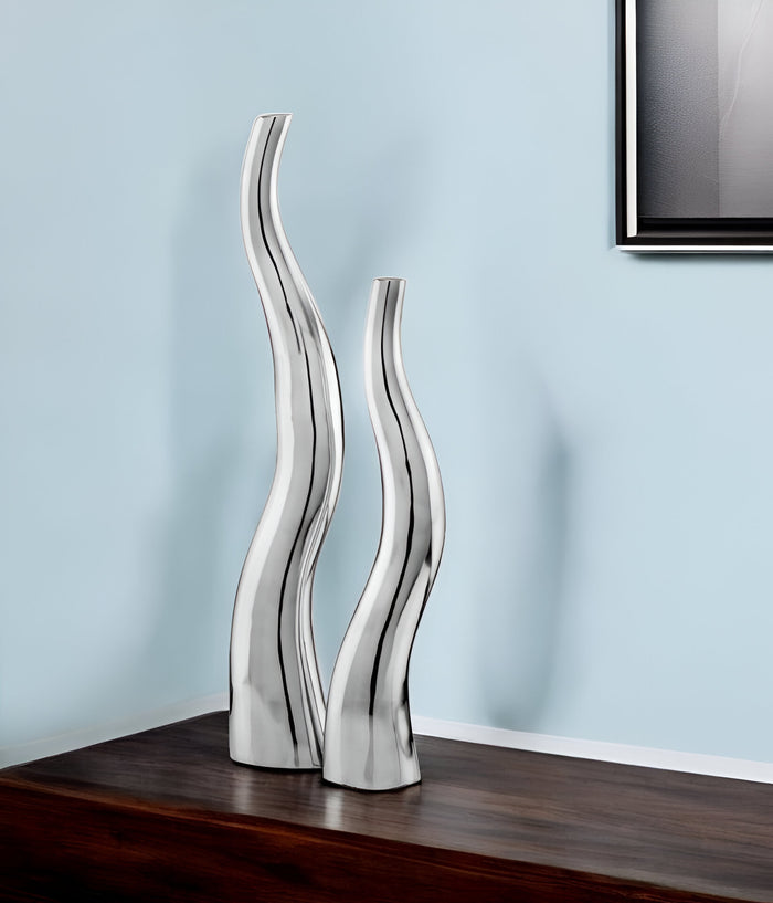Set of Two Silver Aluminum Squiggly Vases