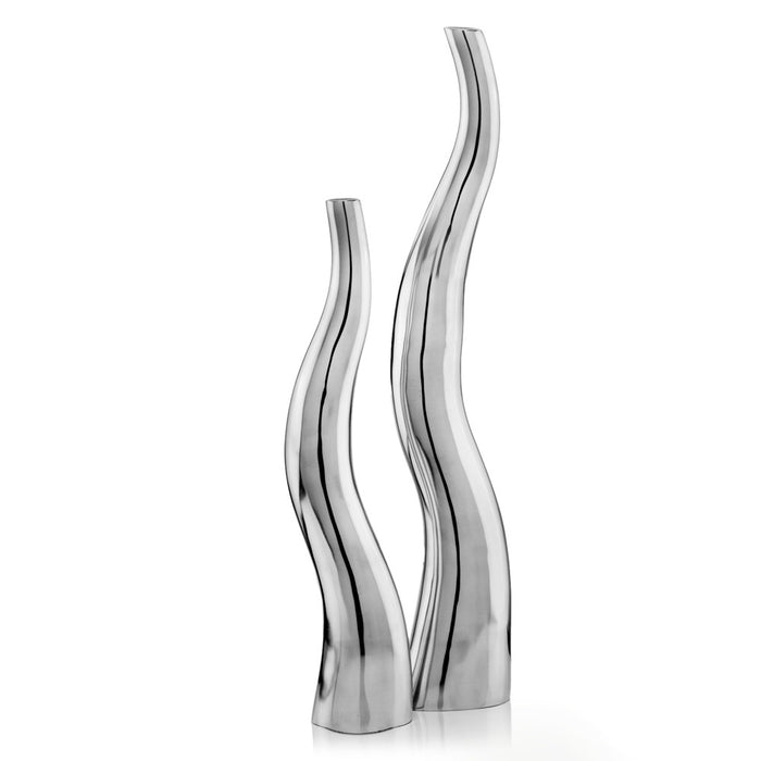 Set of Two Silver Aluminum Squiggly Vases