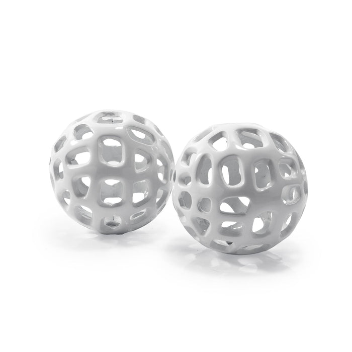 Set of Two White Aluminum Hand Painted Decorative Orbs