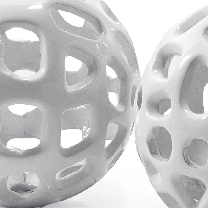 Set of Two White Aluminum Hand Painted Decorative Orbs