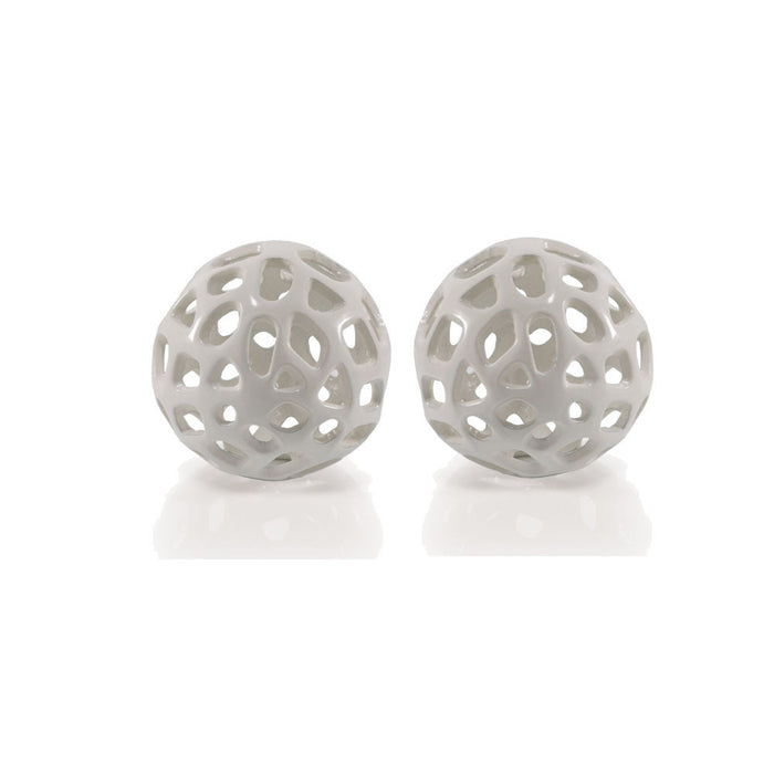Set of Two White Aluminum Hand Painted Decorative Orbs
