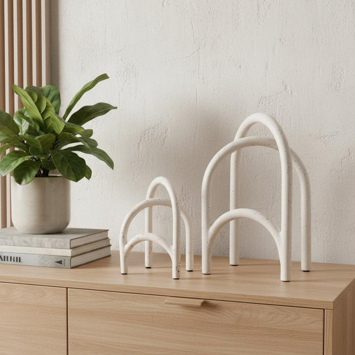 Set of Two White Iron Modern Abstract Tabletop Sculptures