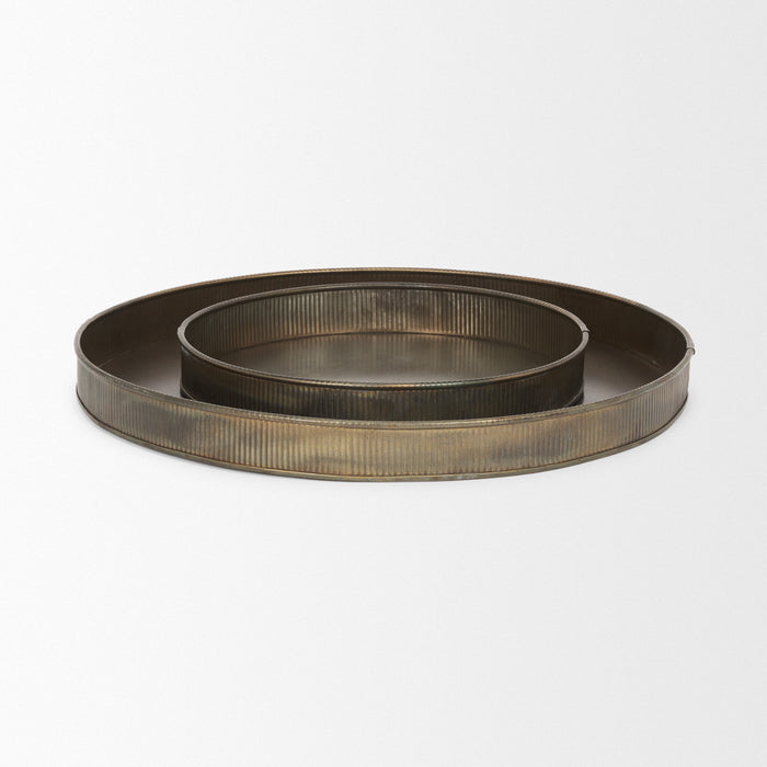 Set of Two Yellow Round Metal Handmade Serving Tray
