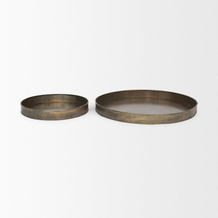 Set of Two Yellow Round Metal Handmade Serving Tray