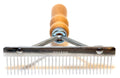 Shedding/Moulting Rake comb with wooden handle and single-length metal teeth, front view