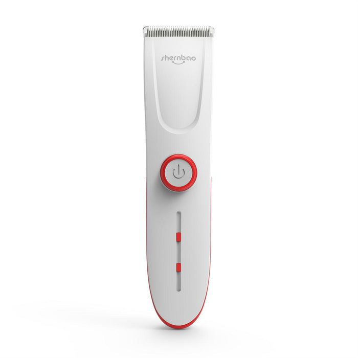 Shernbao Pet Trimmer clipper, front view with power button and blade