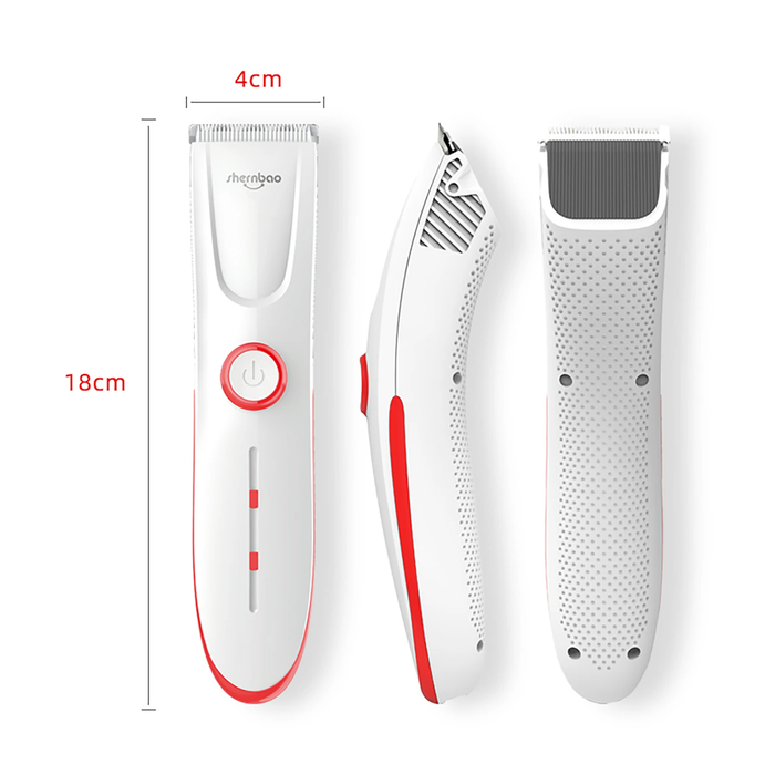 Shernbao Pet Trimmer shown from front, side and back with 18cm length and 4cm width dimensions