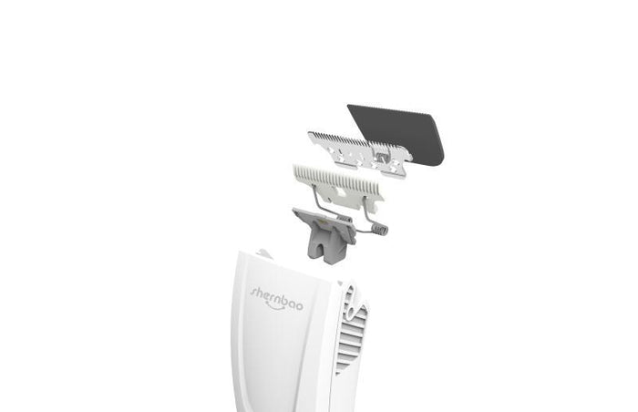 Exploded view of the Shernbao Pet Trimmer showing its detachable blade components