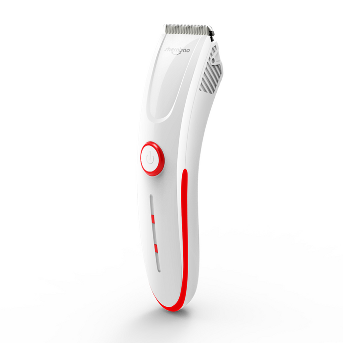 Shernbao Pet Trimmer, white and red cordless clipper, angled view