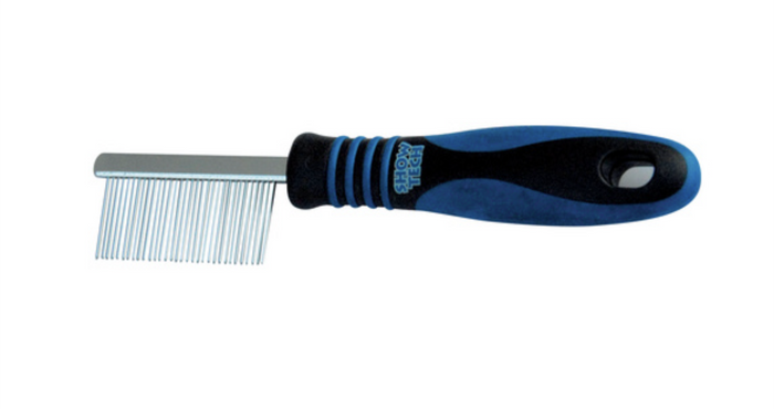Show Tech face and ear comb with fine teeth and a padded blue grip handle