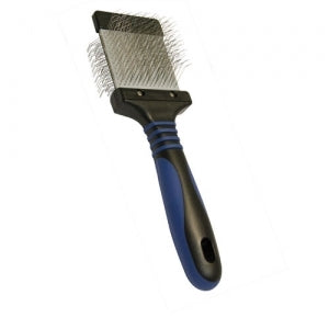 Show Tech Twin Flex Slicker brush with wire pin head and blue/black handle, angled view