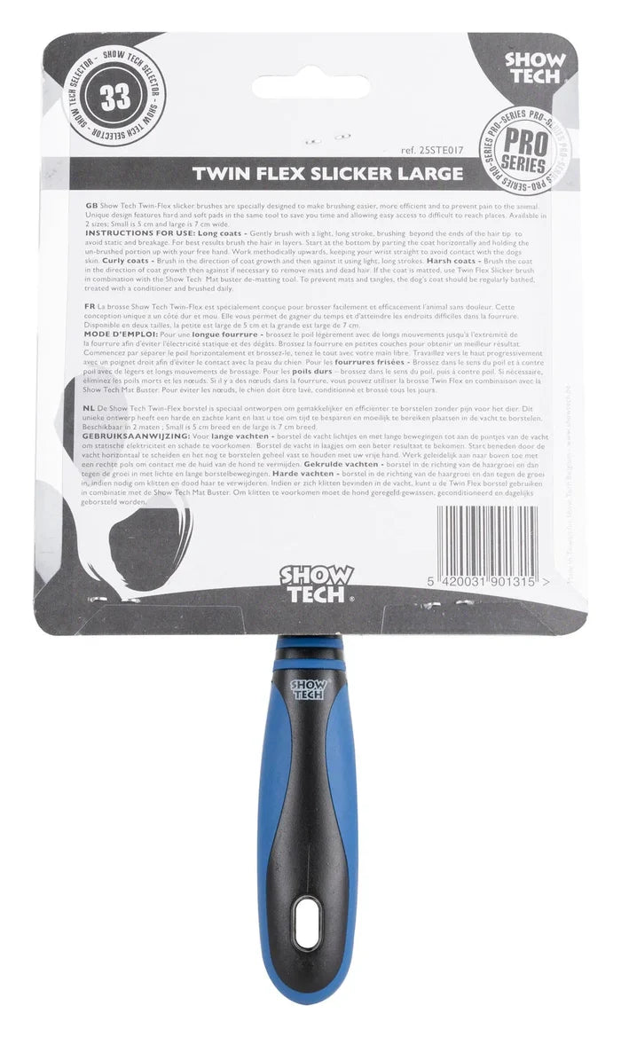 Back of the Show Tech Twin Flex Slicker Large packaging with usage instructions